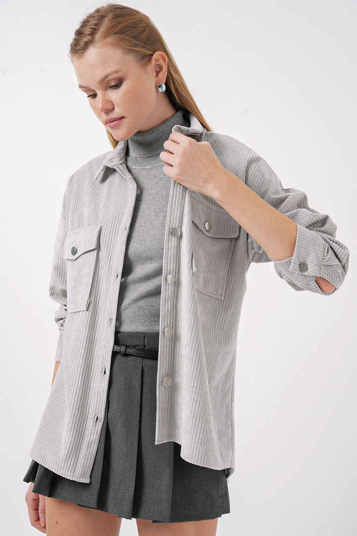 BGD Women Striped Velvet Shirt - Gray - San Pedro Mixtepec
