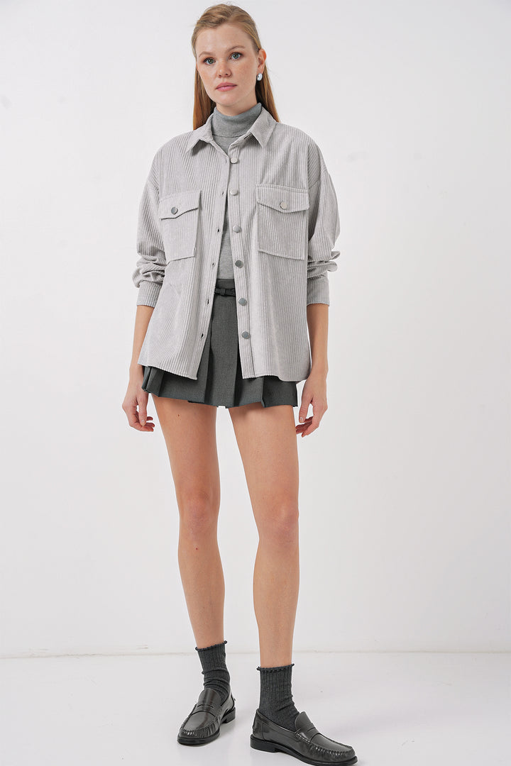 BGD Women Striped Velvet Shirt - Gray - San Pedro Mixtepec