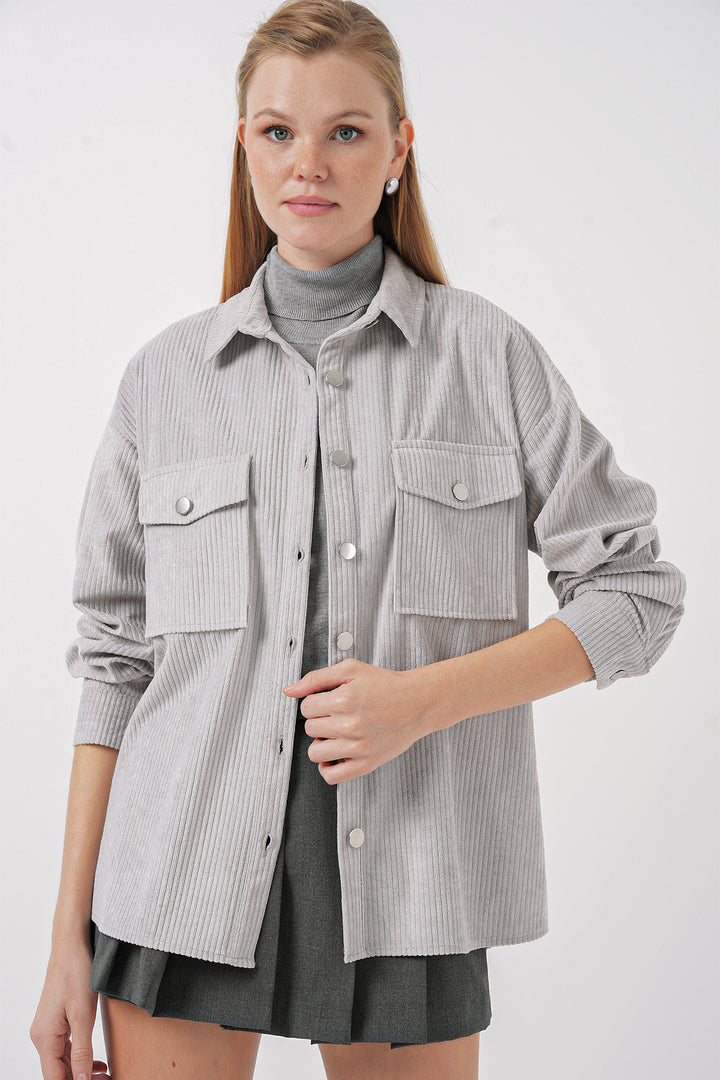BGD Women Striped Velvet Shirt - Gray - San Pedro Mixtepec