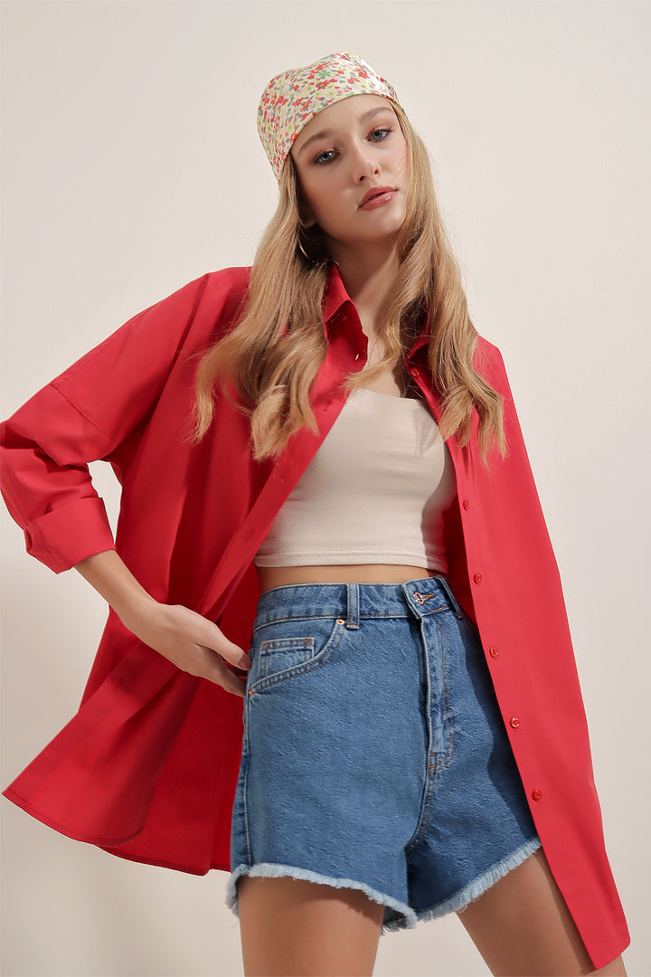 BGD Women Oversize Long Basic Shirt - Red - Avondale