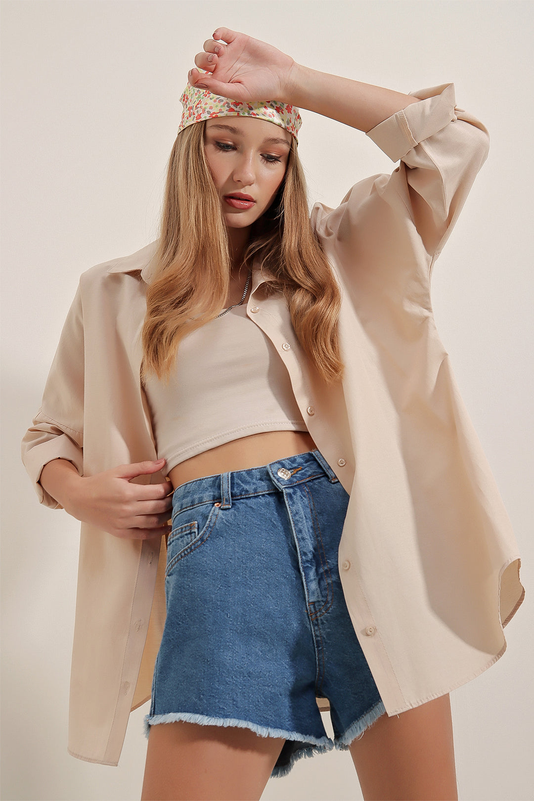 BGD Women Oversize Long Basic Shirt - Cream - Avondale