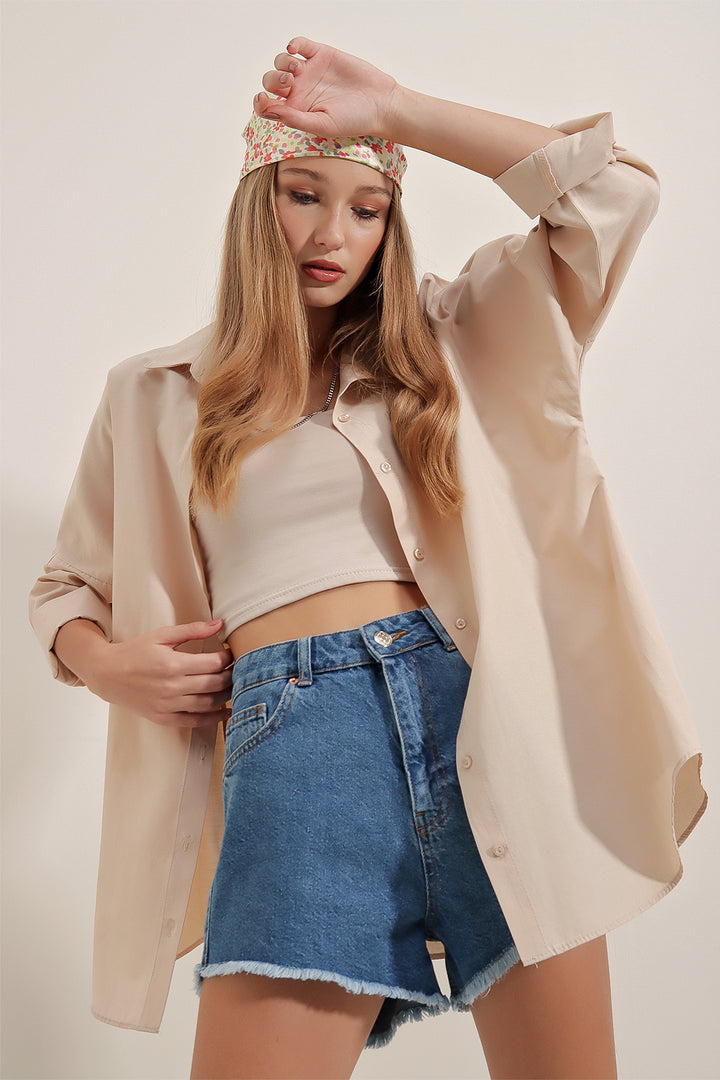 BGD Women Oversize Long Basic Shirt - Cream - Avondale