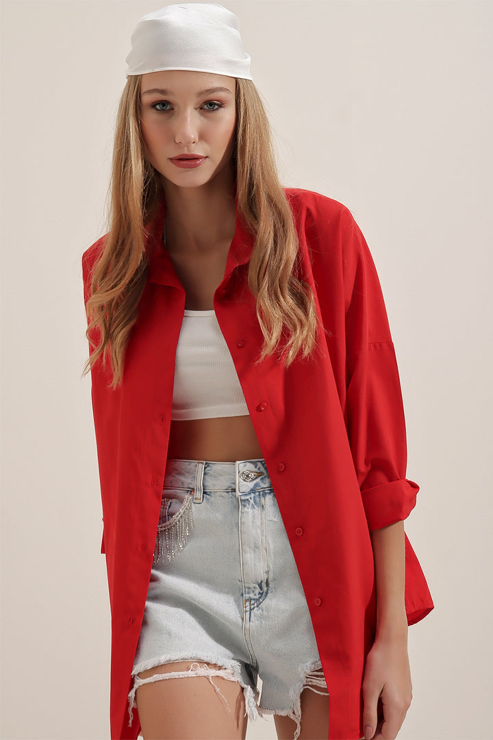 BGD Women Oversize Uzun Basic Gömlek - Bordo - Mexico City