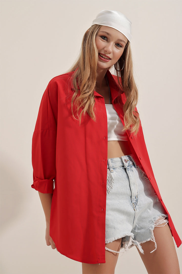 BGD Women Oversize Uzun Basic Gömlek - Bordo - Mexico City
