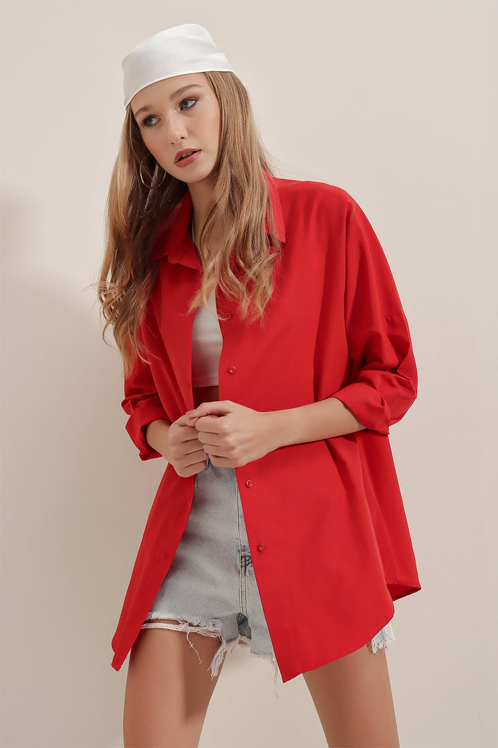 BGD Women Oversize Uzun Basic Gömlek - Bordo - Mexico City