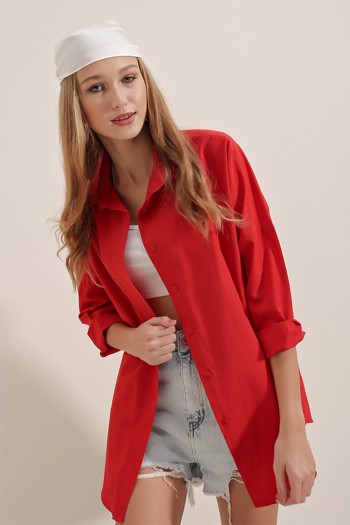 BGD Women Oversize Uzun Basic Gömlek - Bordo - Mexico City