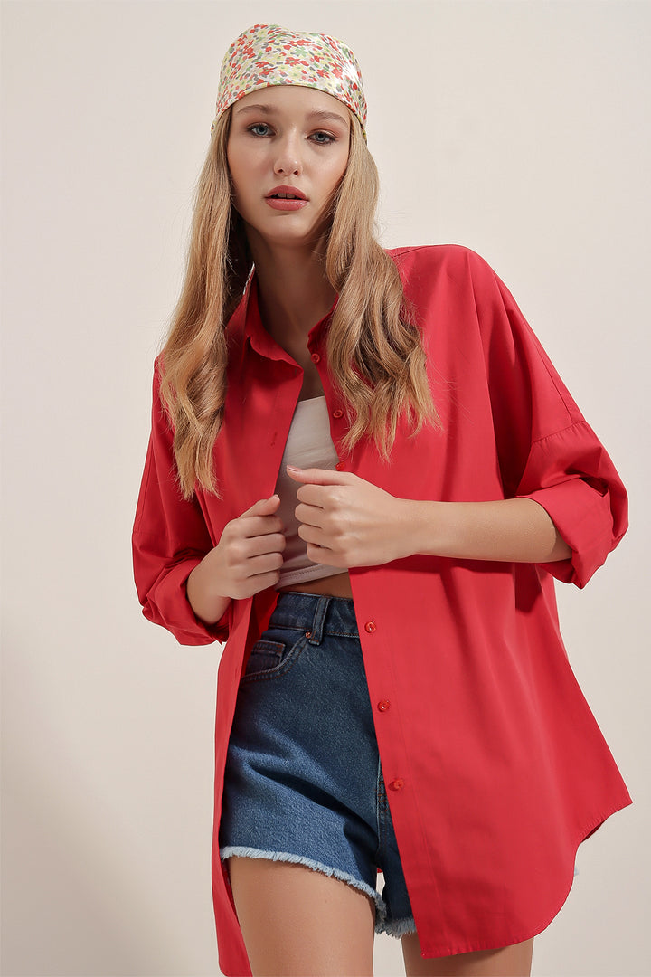 BGD Women Oversize Long Basic Shirt - Red - Avondale
