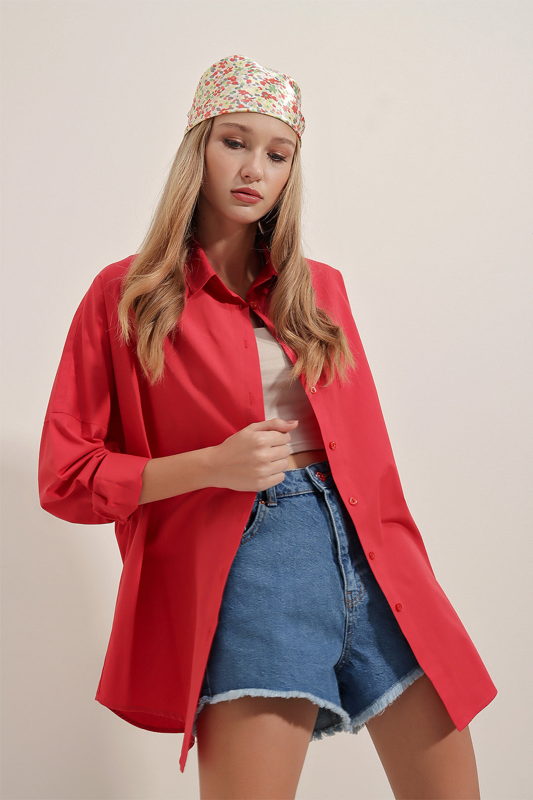 BGD Women Oversize Long Basic Shirt - Red - Avondale