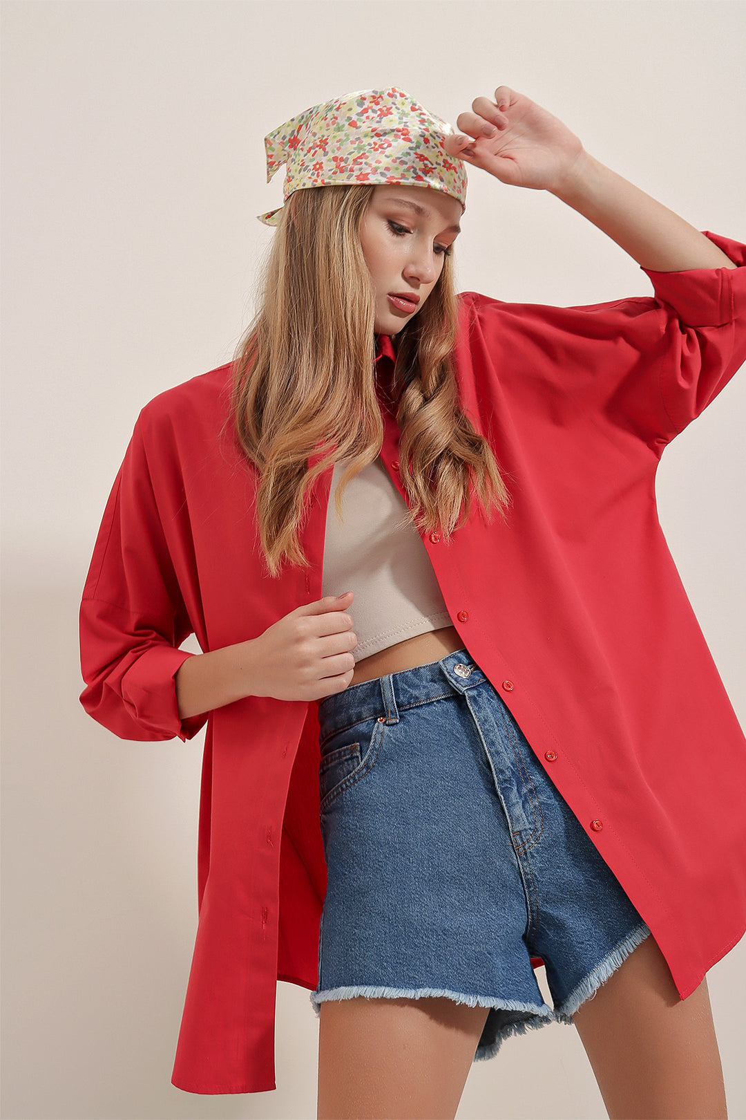 BGD Women Oversize Long Basic Shirt - Red - Avondale