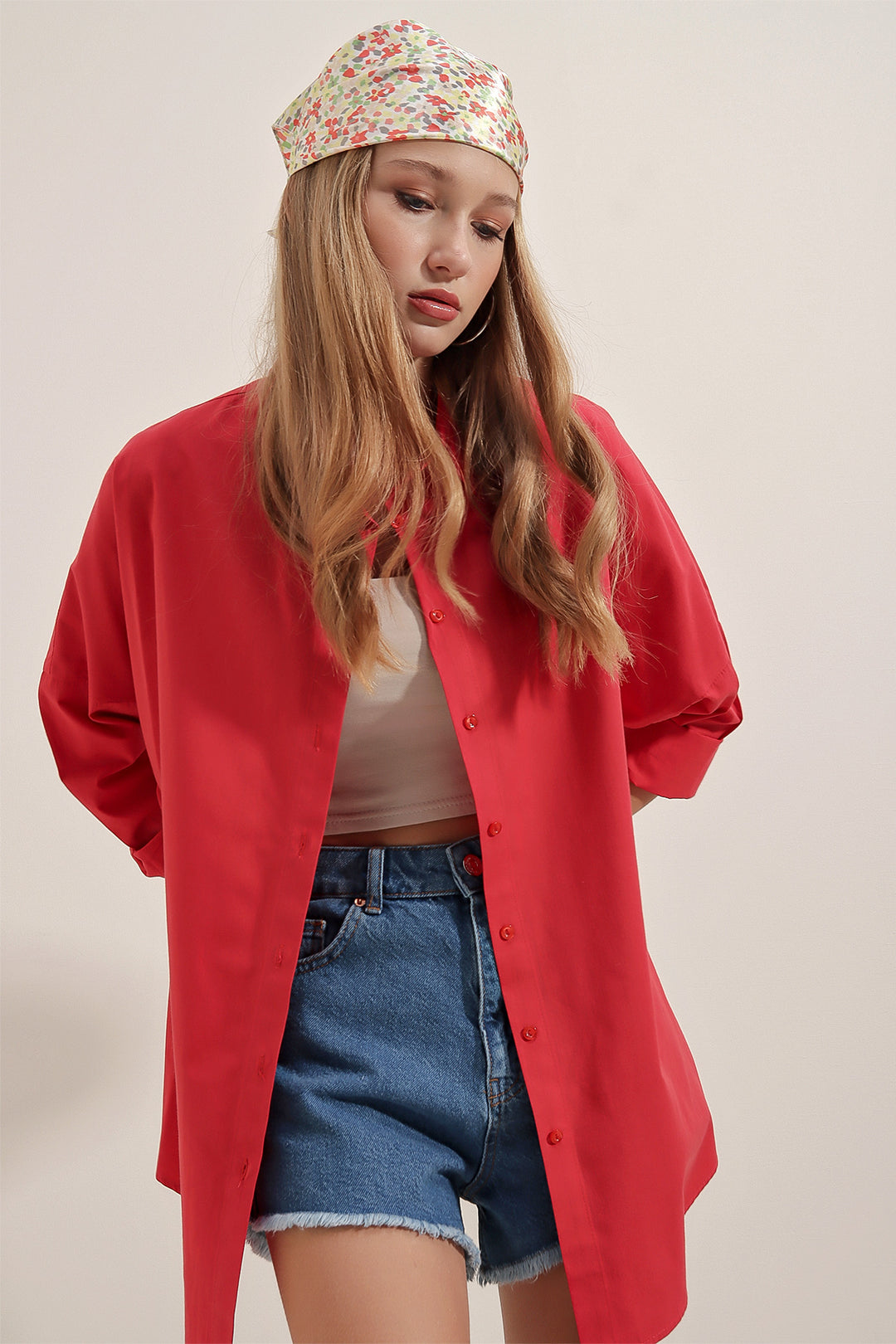 BGD Women Oversize Long Basic Shirt - Red - Avondale