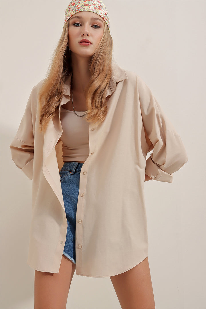 BGD Women Oversize Long Basic Shirt - Cream - Avondale