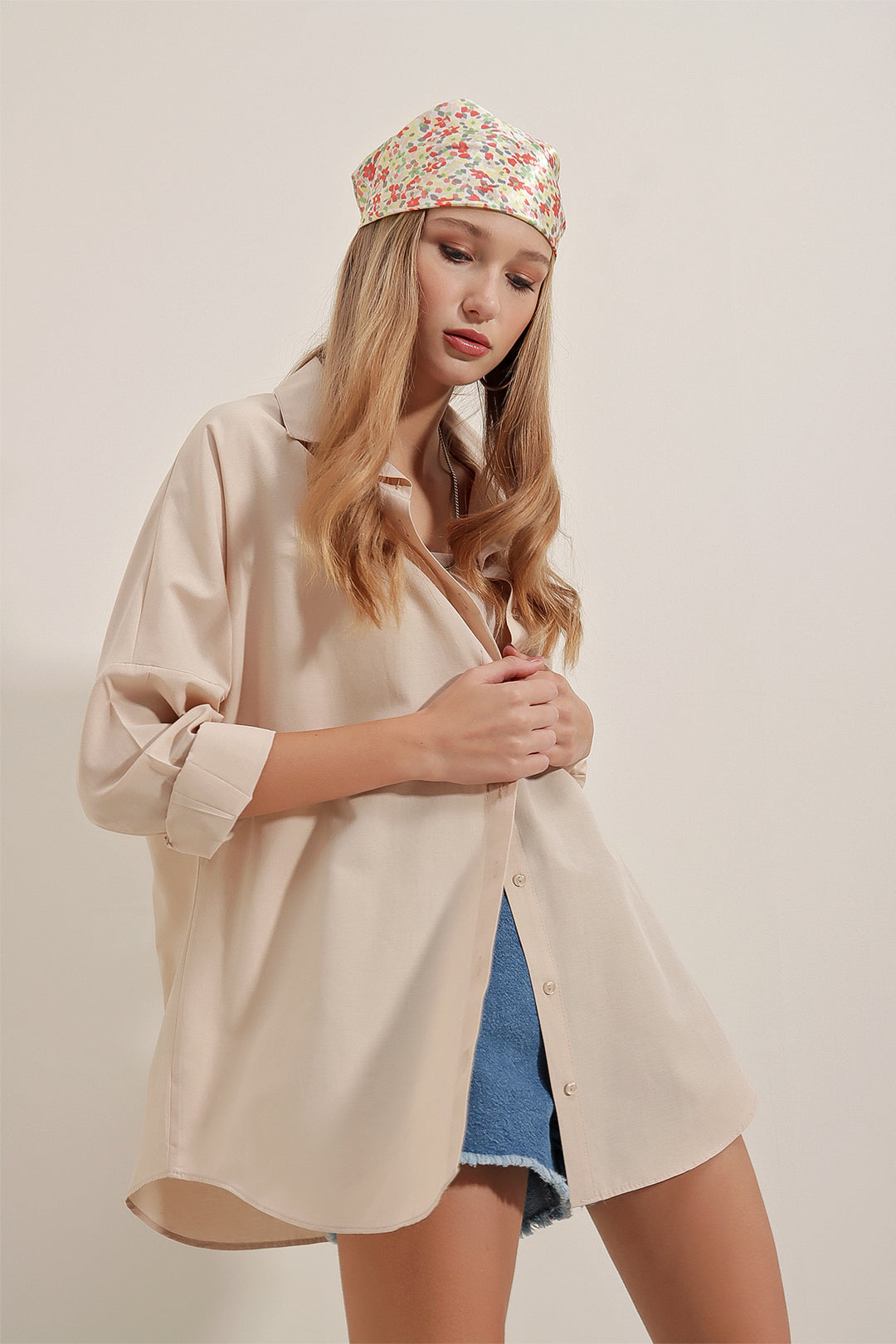 BGD Women Oversize Long Basic Shirt - Cream - Avondale