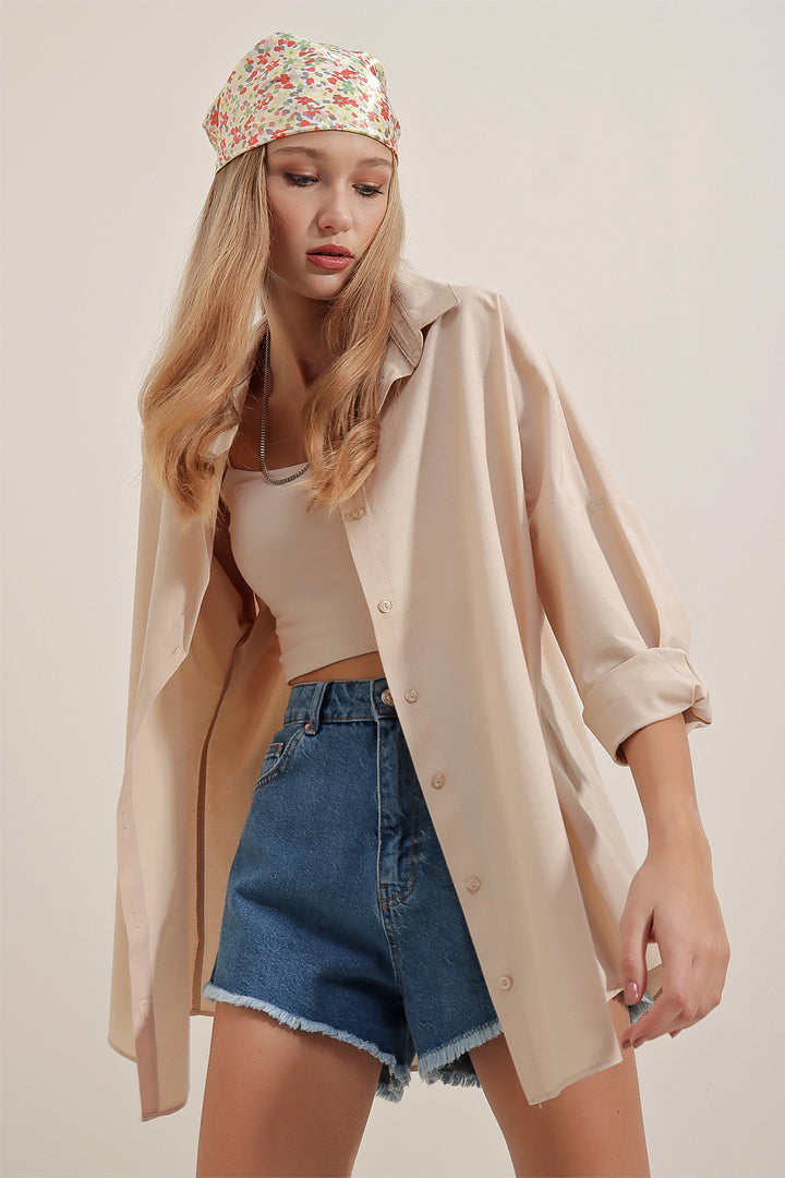 BGD Women Oversize Long Basic Shirt - Cream - Avondale