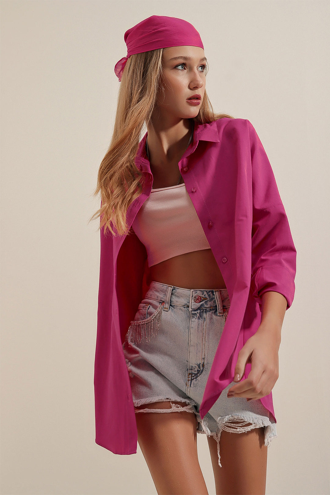 BGD Women Oversize Long Basic Shirt - Dark Pink - Avondale