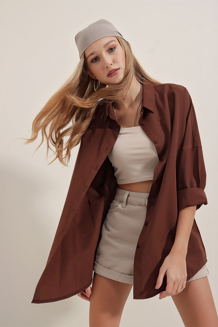 BGD Women Oversized Long Basic Shirt - Brown - Avondale