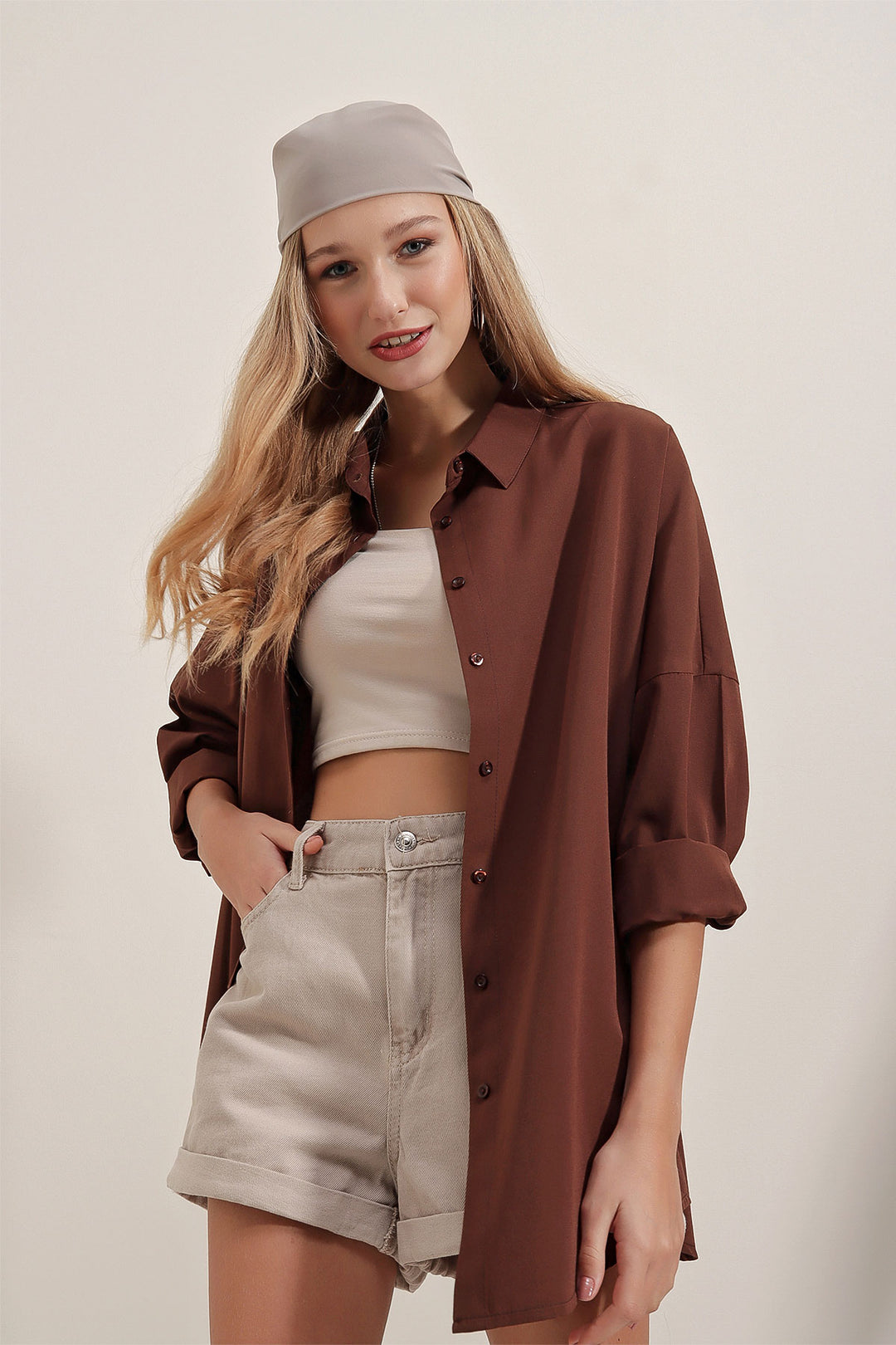 BGD Women Oversized Long Basic Shirt - Brown - Avondale