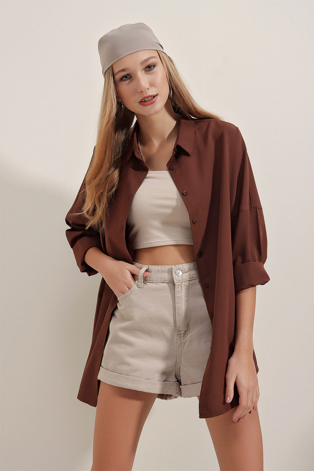 BGD Women Oversized Long Basic Shirt - Brown - Avondale