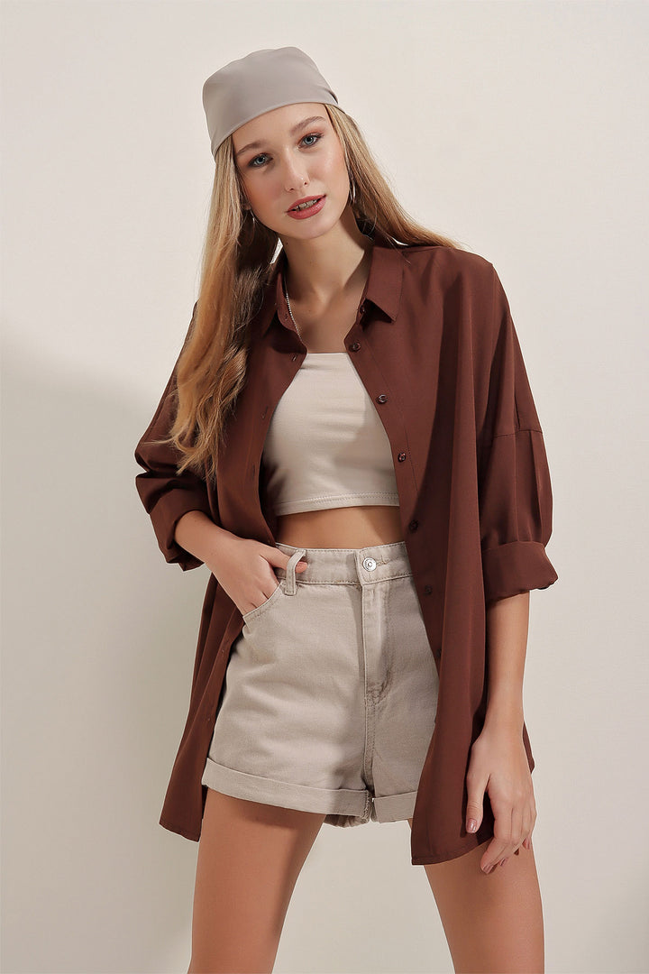 BGD Women Oversized Long Basic Shirt - Brown - Avondale