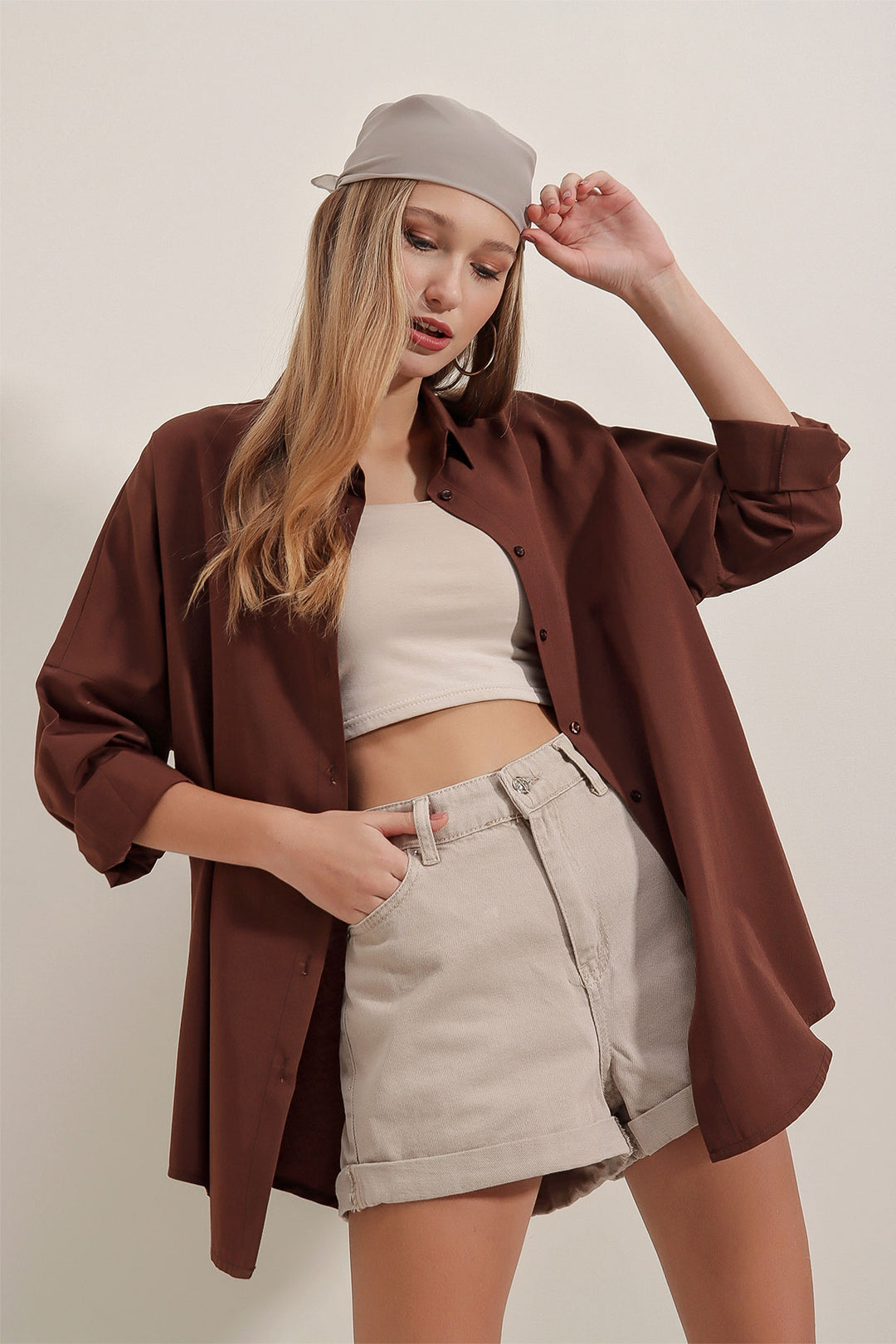 BGD Women Oversized Long Basic Shirt - Brown - Avondale