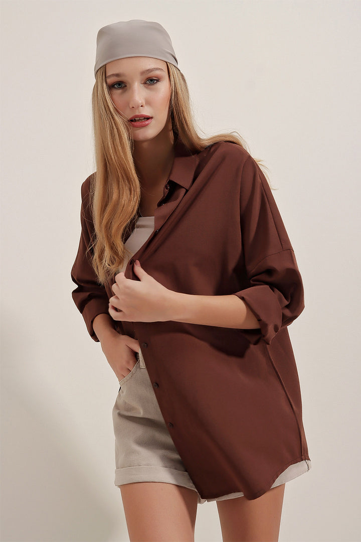 BGD Women Oversized Long Basic Shirt - Brown - Avondale