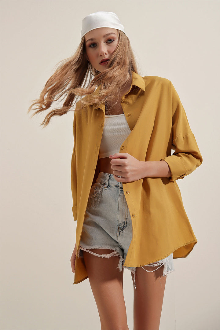 BGD Women Oversize Long Basic Shirt - Mustard - Avondale