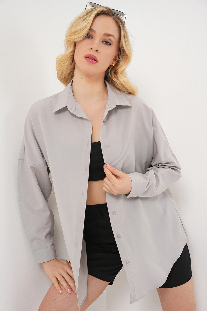 BGD Women Oversize Long Basic Shirt - Gray - San Bernardino