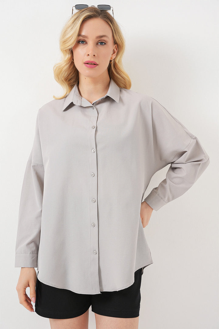 BGD Women Oversize Long Basic Shirt - Gray - San Bernardino