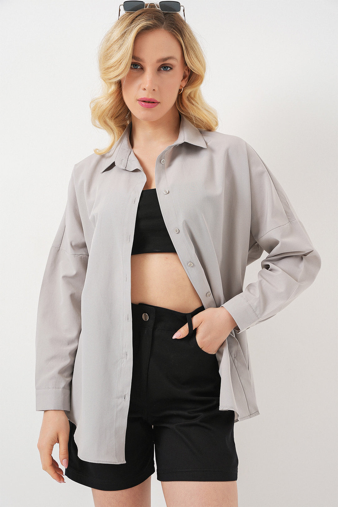 BGD Women Oversize Long Basic Shirt - Gray - San Bernardino