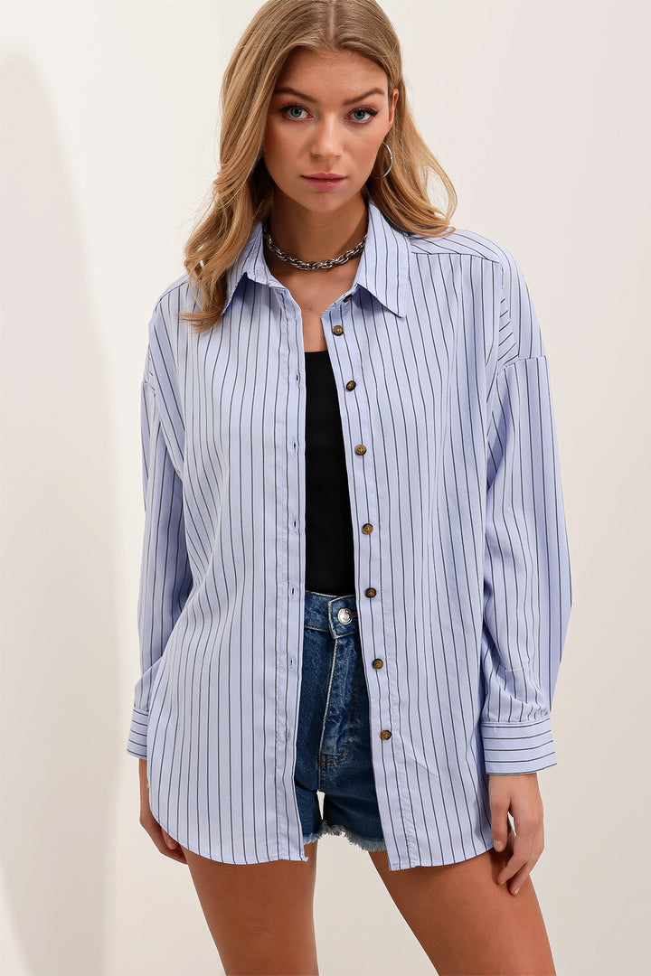 BGD Women Woman Bebe Blue Black Striped Oversize Long Basic Shirt 3900 - San Clemente