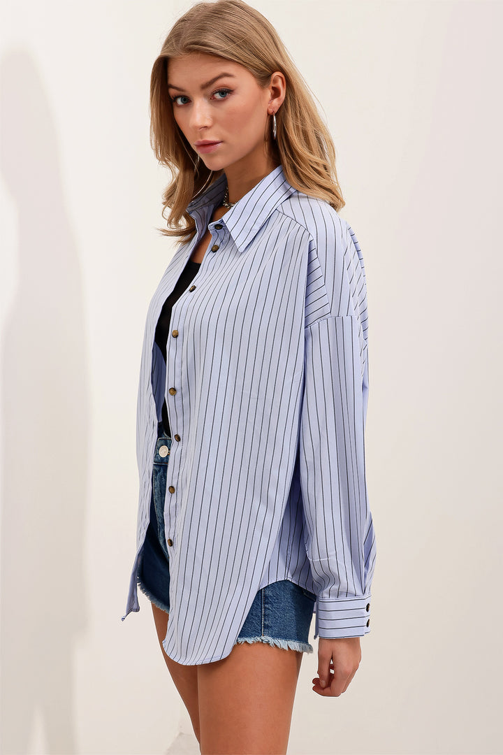 BGD Women Woman Bebe Blue Black Striped Oversize Long Basic Shirt 3900 - San Clemente