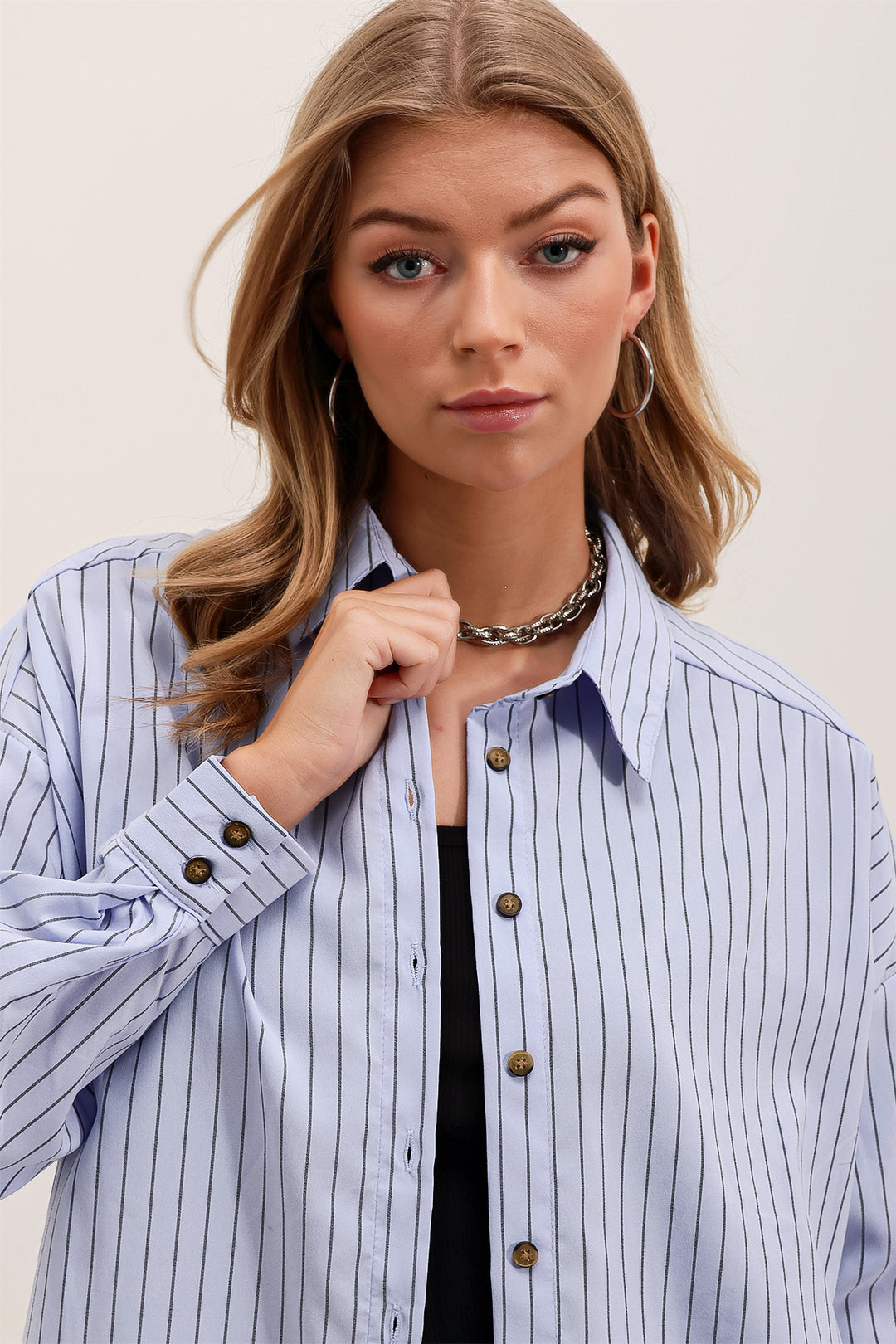 BGD Women Woman Bebe Blue Black Striped Oversize Long Basic Shirt 3900 - San Clemente