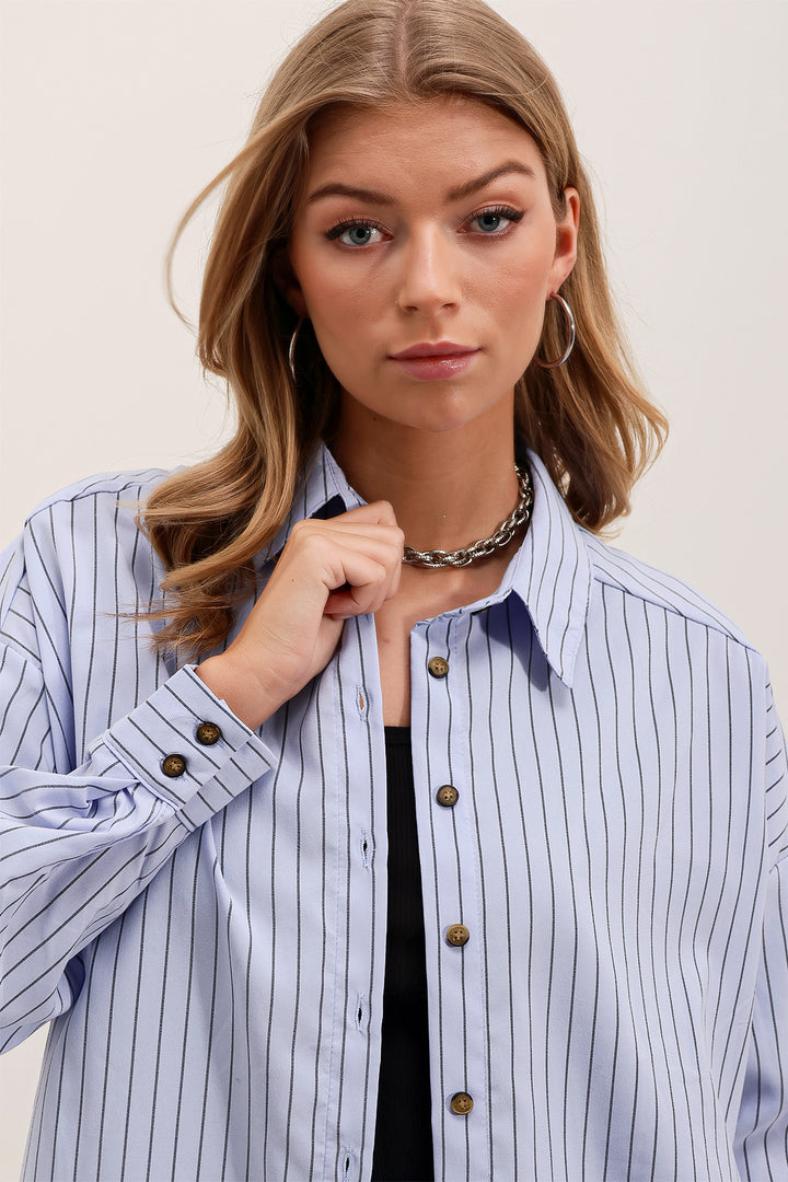 BGD Women Woman Bebe Blue Black Striped Oversize Long Basic Shirt 3900 - San Clemente
