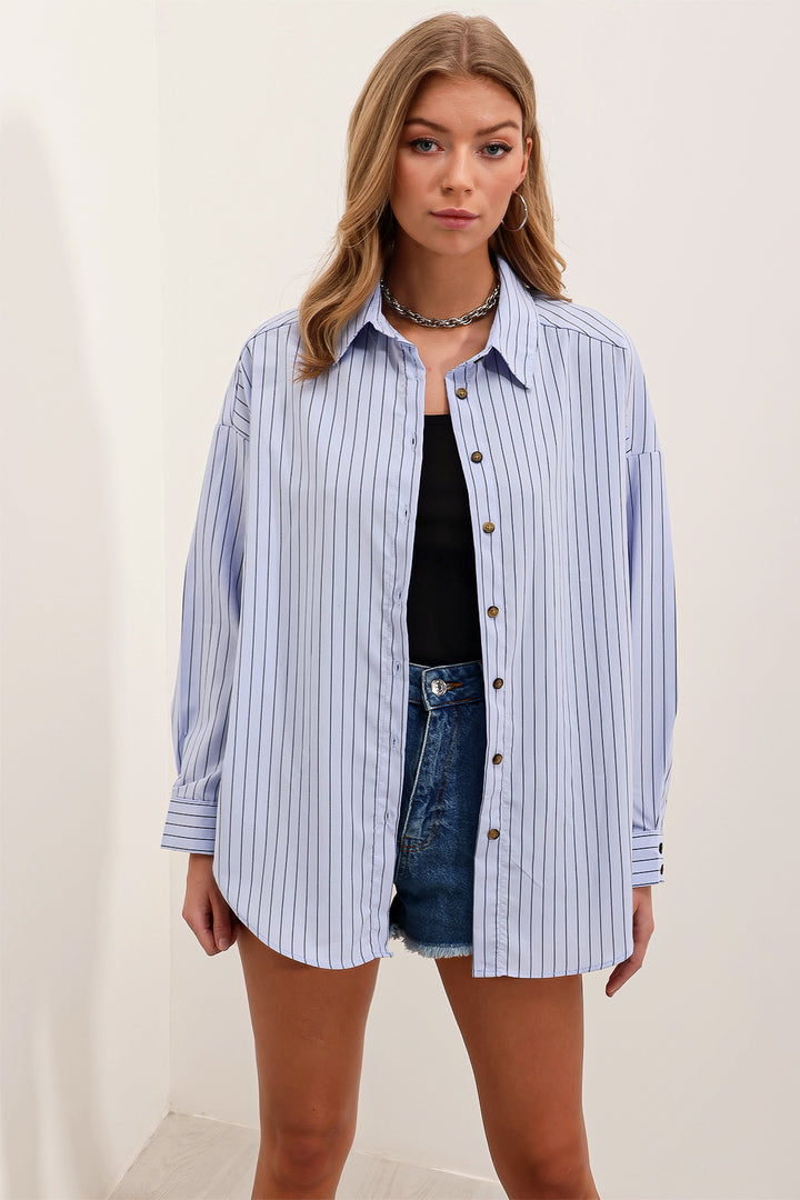 BGD Women Woman Bebe Blue Black Striped Oversize Long Basic Shirt 3900 - San Clemente