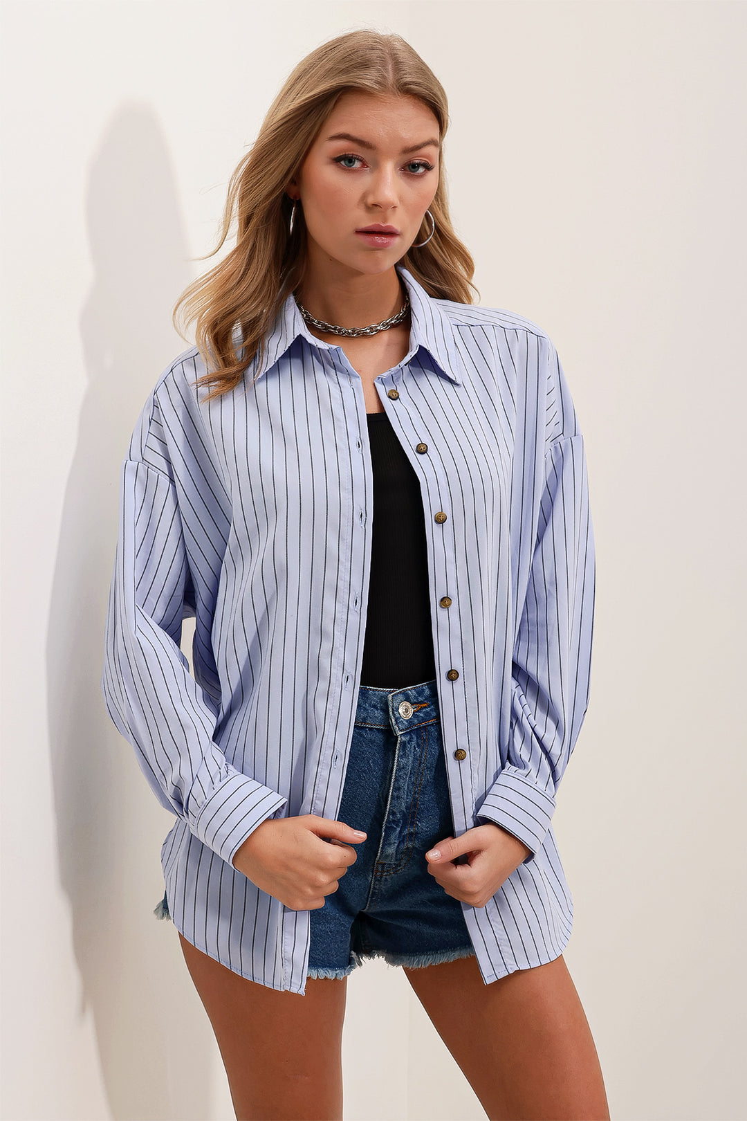 BGD Women Woman Bebe Blue Black Striped Oversize Long Basic Shirt 3900 - San Clemente