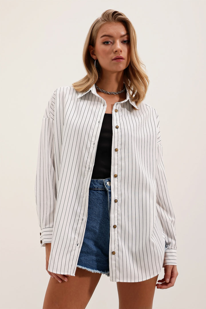 BGD Women Woman White Black Striped Oversize Long Basic Shirt 3900 - Juana Díaz
