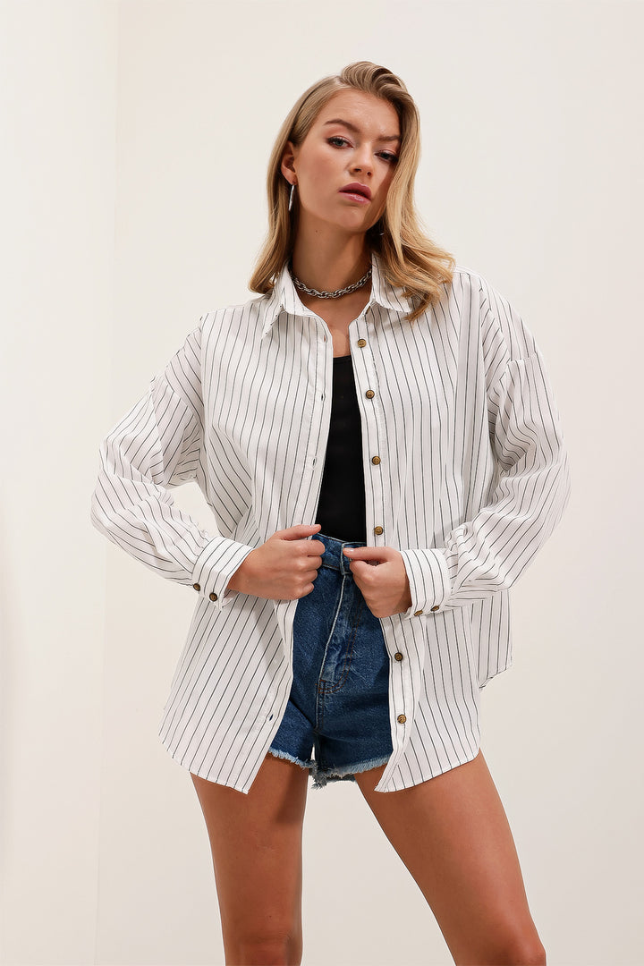 BGD Women Woman White Black Striped Oversize Long Basic Shirt 3900 - Juana Díaz