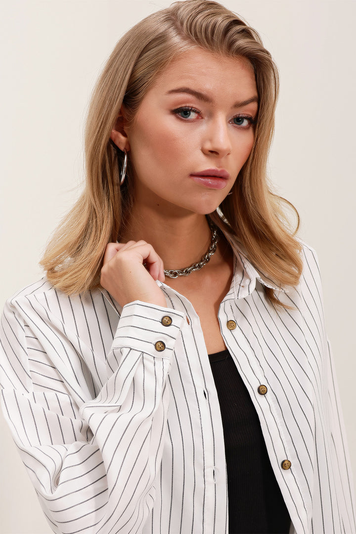 BGD Women Woman White Black Striped Oversize Long Basic Shirt 3900 - Juana Díaz