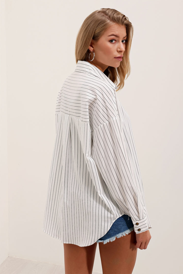 BGD Women Woman White Black Striped Oversize Long Basic Shirt 3900 - Juana Díaz
