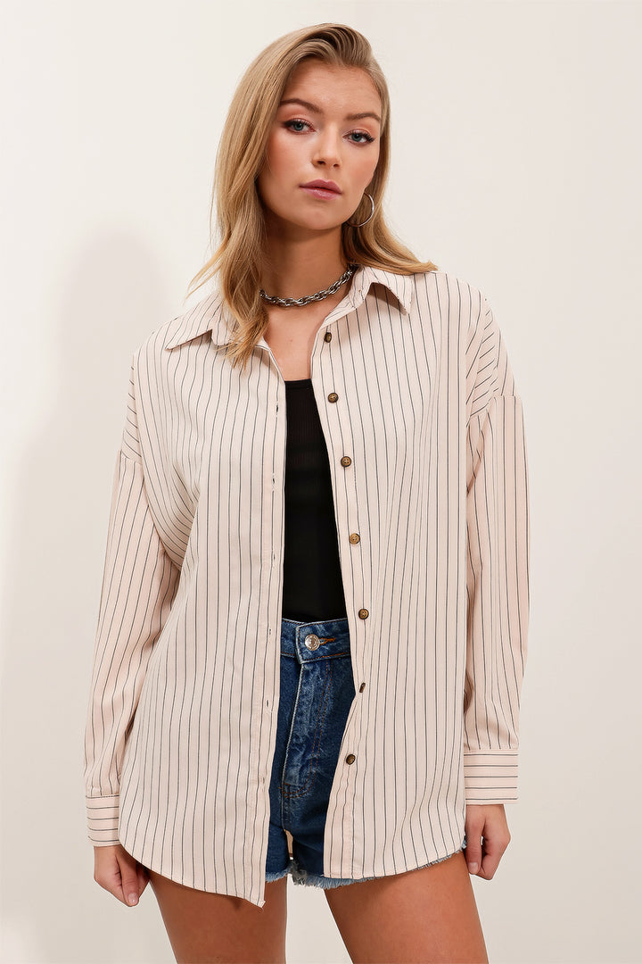 BGD Women Woman Cream Black Striped Oversize Long Basic Shirt 3900 - Avondale
