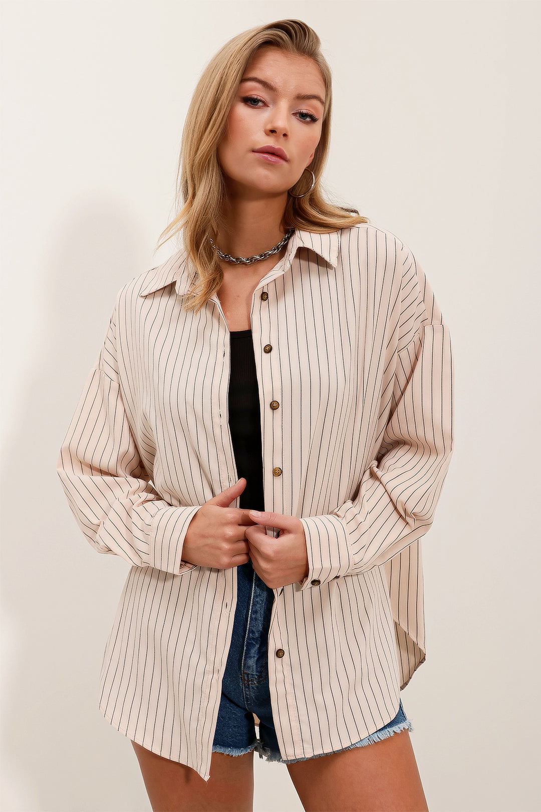 BGD Women Woman Cream Black Striped Oversize Long Basic Shirt 3900 - Avondale