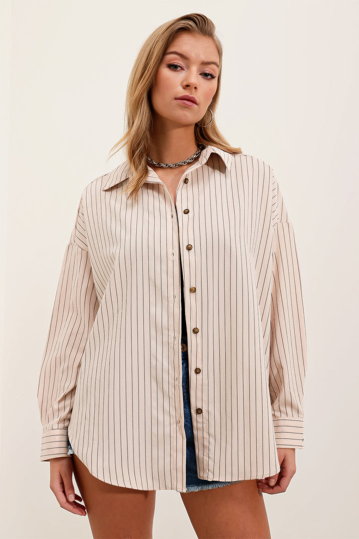 BGD Women Woman Cream Black Striped Oversize Long Basic Shirt 3900 - Avondale