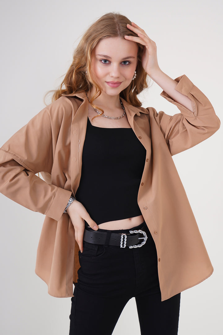 BGD Women Oversize Long Basic Shirt - Camel - Avondale