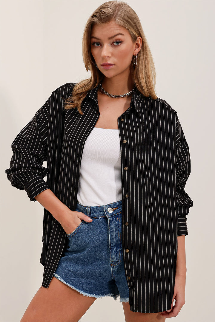 BGD Women Woman Black and White Striped Oversized Long Basic Shirt 3900 - Laredo