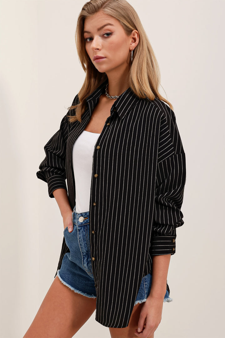 BGD Women Woman Black and White Striped Oversized Long Basic Shirt 3900 - Laredo