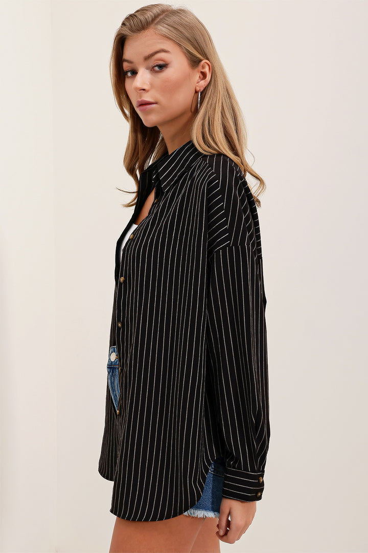 BGD Women Woman Black and White Striped Oversized Long Basic Shirt 3900 - Laredo