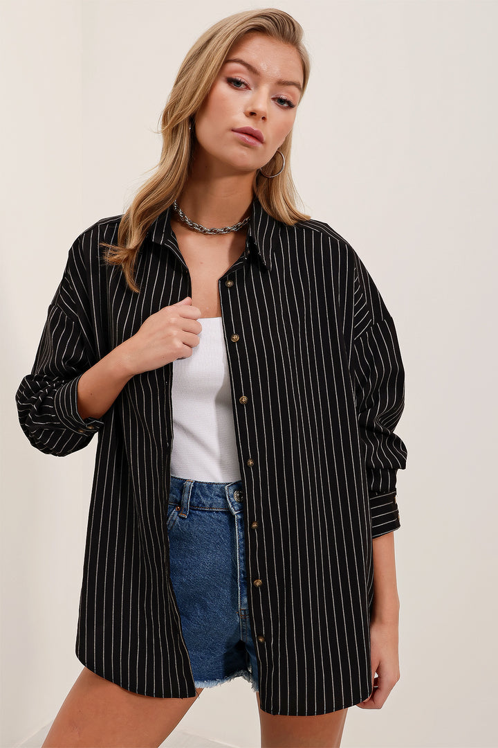BGD Women Woman Black and White Striped Oversized Long Basic Shirt 3900 - Laredo
