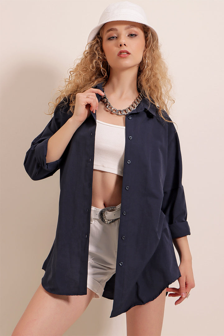 BGD Women Oversize Long Basic Shirt - Navy Blue - Avondale
