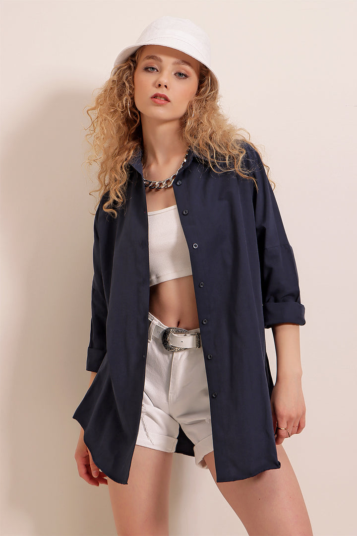 BGD Women Oversize Long Basic Shirt - Navy Blue - Avondale