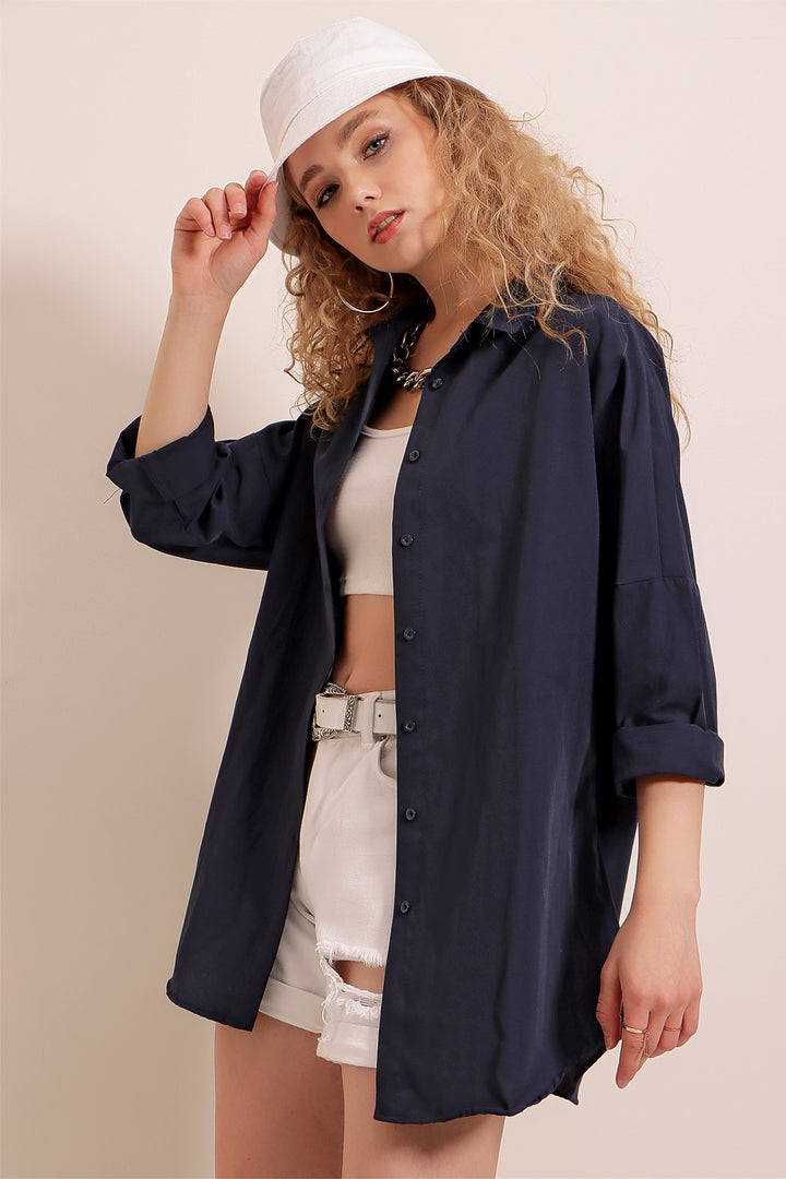 BGD Women Oversize Long Basic Shirt - Navy Blue - Avondale