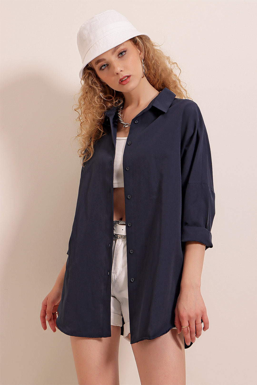 BGD Women Oversize Long Basic Shirt - Navy Blue - Avondale